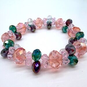 Pink Green AB Crystal Beaded Stretch Bracelet Aurora Borealis Crystal 7"